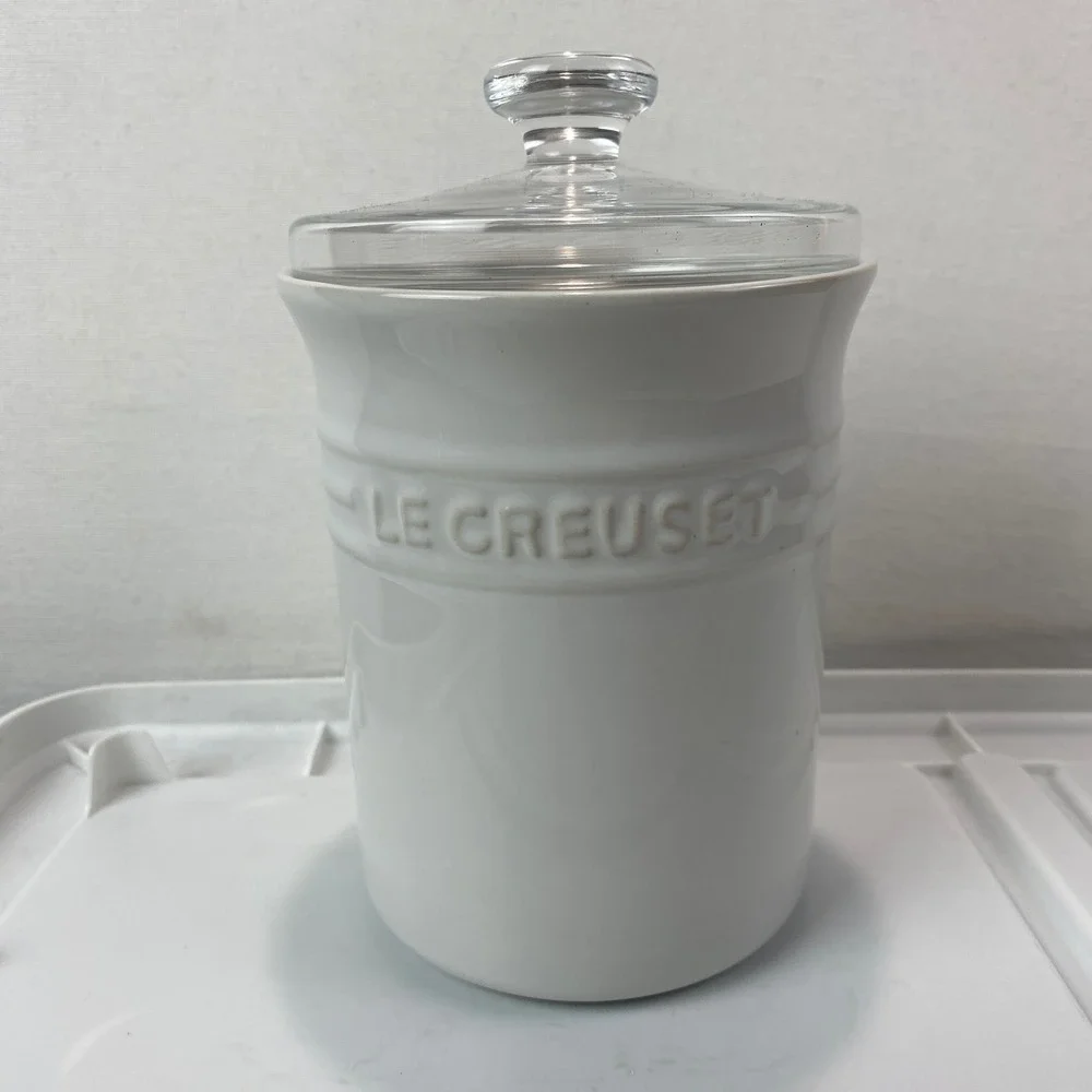 Le Creuset White Stoneware Canister Clear Glass Lid Tool Crock 7in